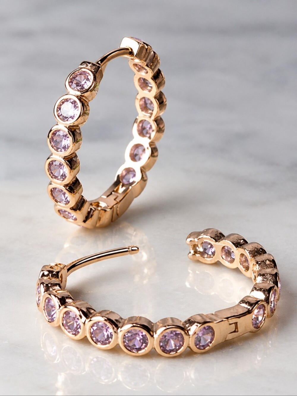 Pink Crystal Hoop Earrings - Rose Gold tone